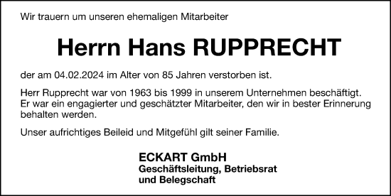 Traueranzeige von Hans Rupprecht von Hersbrucker Zeitung Lokal