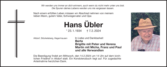 Traueranzeige von Hans Übler von Der Bote