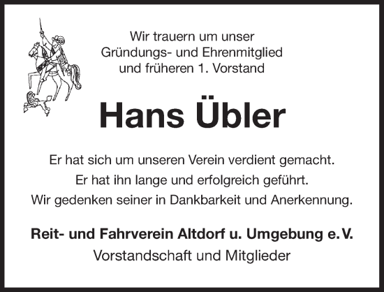 Traueranzeige von Hans Übler von Der Bote