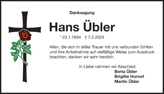 Traueranzeige von Hans Übler von Der Bote