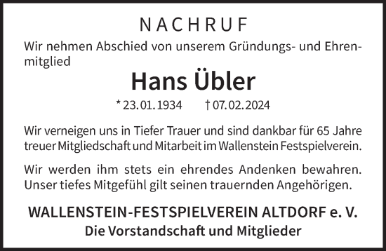 Traueranzeige von Hans Übler von Der Bote