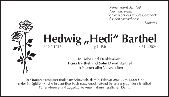 Traueranzeige von Hedwig Barthel von Pegnitz-Zeitung