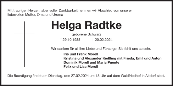 Traueranzeige von Helga Radtke von Der Bote