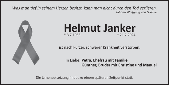 Traueranzeige von Helmut Janker von Pegnitz-Zeitung