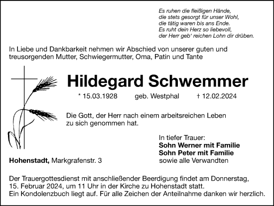 Traueranzeige von Hildegard Schwemmer von Hersbrucker Zeitung Lokal