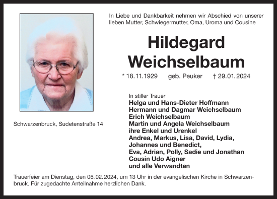 Traueranzeige von Hildegard Weichselbaum von Der Bote