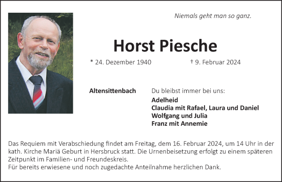 Traueranzeige von Horst Piesche von Hersbrucker Zeitung Lokal