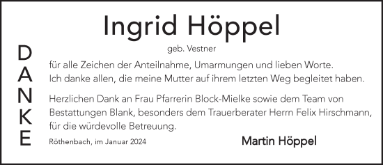 Traueranzeige von Ingrid Höppel von Pegnitz-Zeitung
