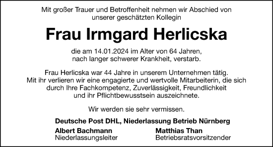 Traueranzeige von Irmgard Herlicska von Hersbrucker Zeitung Lokal