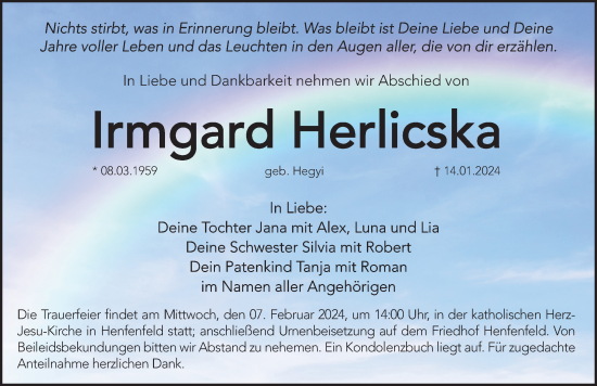 Traueranzeige von Irmgard Herlicska von Hersbrucker Zeitung Lokal