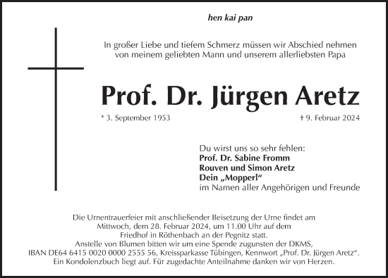 Traueranzeige von Jürgen Aretz von Pegnitz-Zeitung