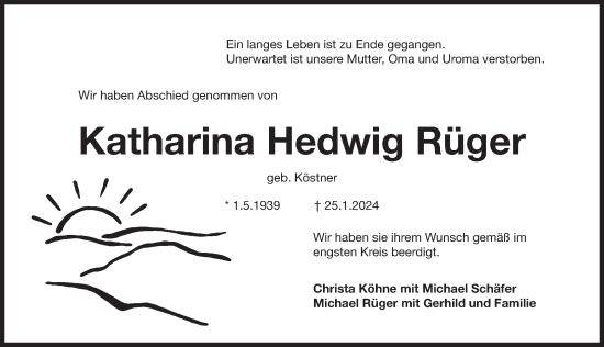 Traueranzeige von Katharina Hedwig Rüger von Der Bote