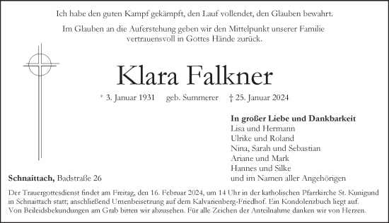 Traueranzeige von Klara Falkner von Pegnitz-Zeitung