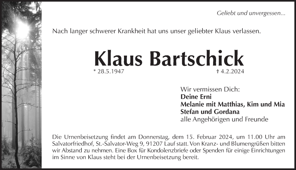  Traueranzeige für Klaus Bartschick vom 10.02.2024 aus Pegnitz-Zeitung