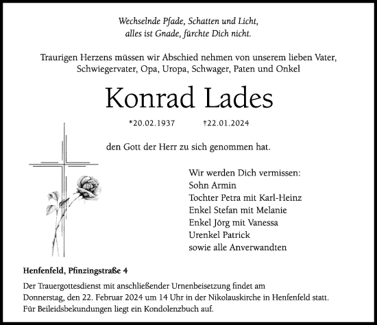 Traueranzeige von Konrad Lades von Hersbrucker Zeitung Lokal
