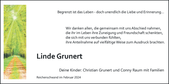 Traueranzeige von Linde Grunert von Hersbrucker Zeitung Lokal