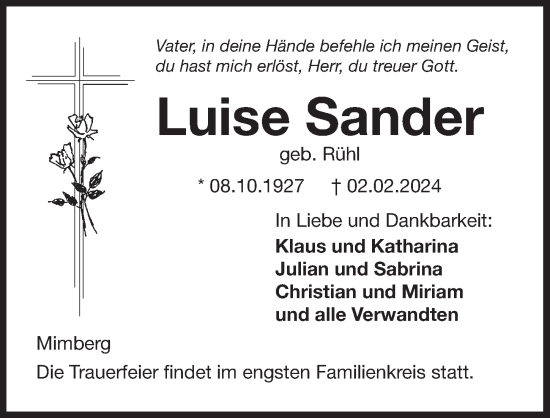 Traueranzeige von Luise Sander von Der Bote