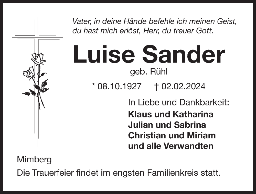  Traueranzeige für Luise Sander vom 10.02.2024 aus Der Bote