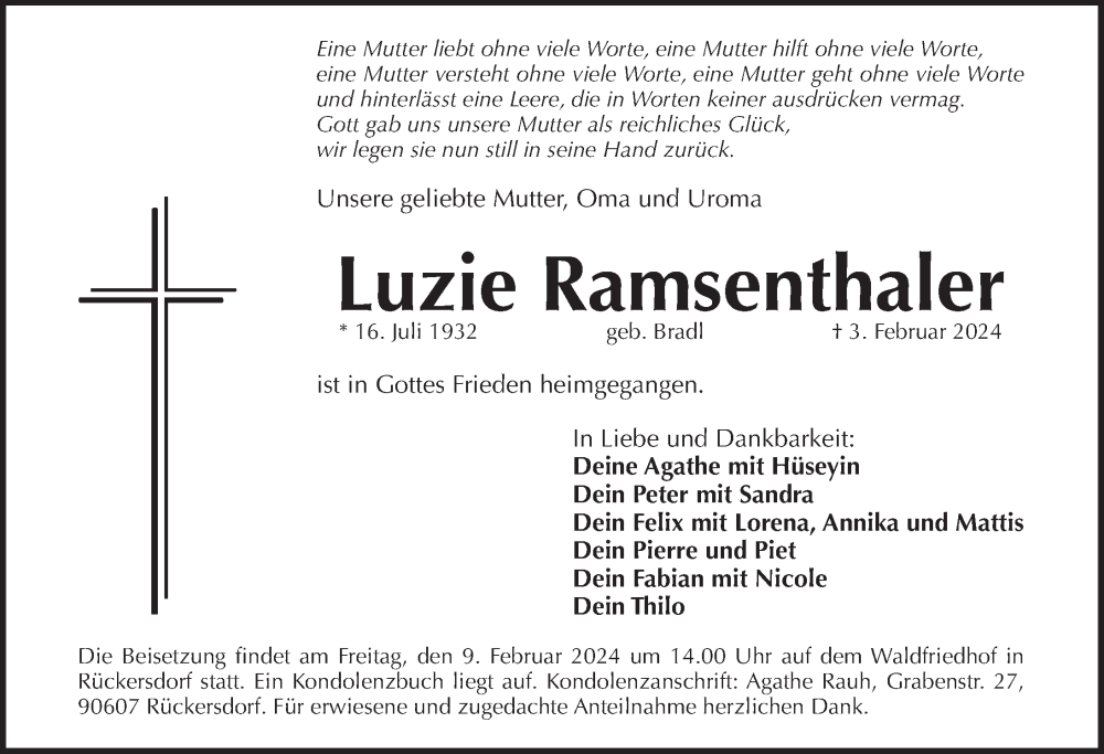 Traueranzeige für Luzie Ramsenthaler vom 07.02.2024 aus Pegnitz-Zeitung