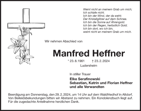 Traueranzeige von Manfred Heffner von Der Bote