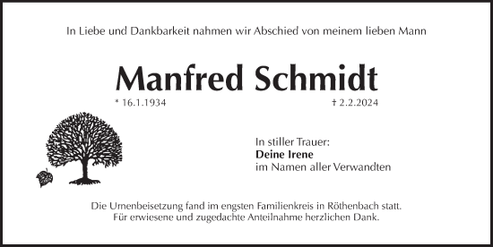Traueranzeige von Manfred Schmidt von Pegnitz-Zeitung