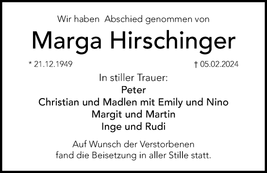Traueranzeige von Marga Hirschinger von Hersbrucker Zeitung Lokal