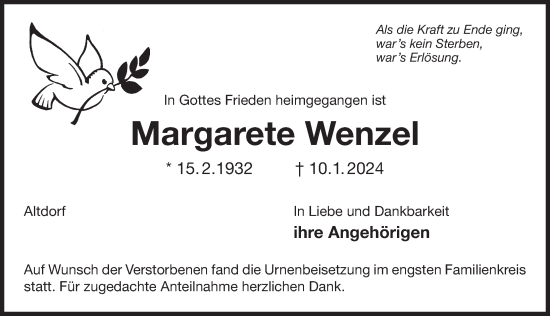 Traueranzeige von Margarete Wenzel von Der Bote