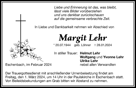 Traueranzeige von Margit Lehr von Hersbrucker Zeitung Lokal