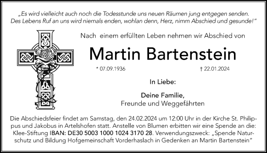 Traueranzeige von Martin Bartenstein von Hersbrucker Zeitung Lokal