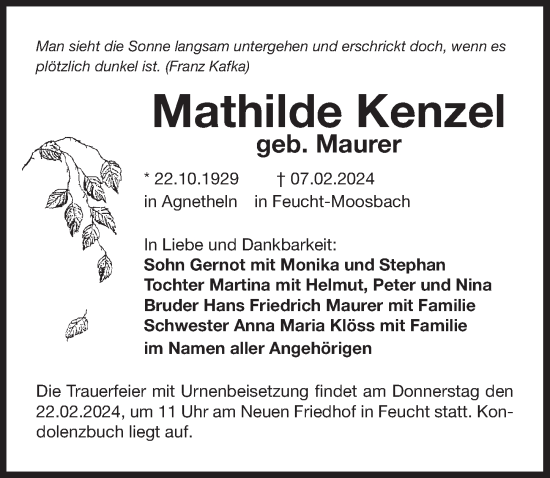 Traueranzeige von Mathilde Kenzel von Der Bote