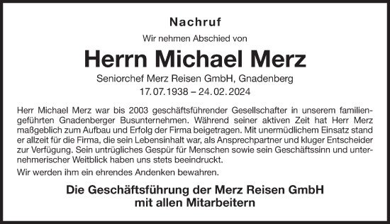 Traueranzeige von Michael Merz von Der Bote