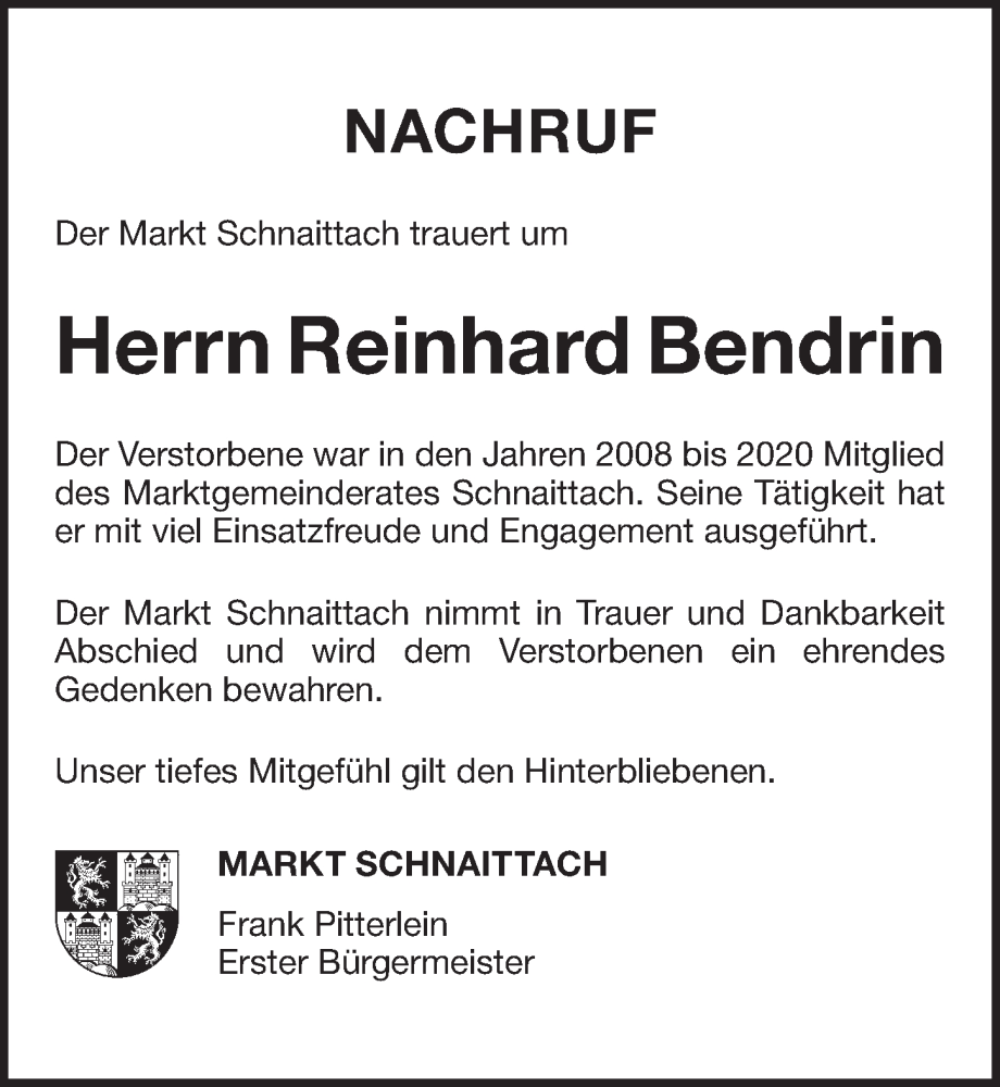  Traueranzeige für Reinhard Bendrin vom 03.02.2024 aus Pegnitz-Zeitung