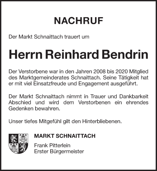 Traueranzeige von Reinhard Bendrin von Pegnitz-Zeitung