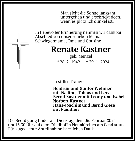 Traueranzeige von Renate Kastner von Pegnitz-Zeitung
