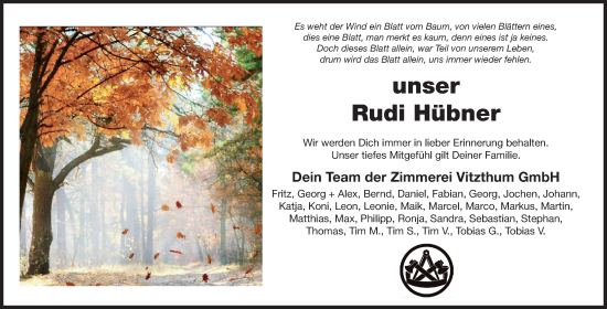 Traueranzeige von Rudi Hübner von Der Bote