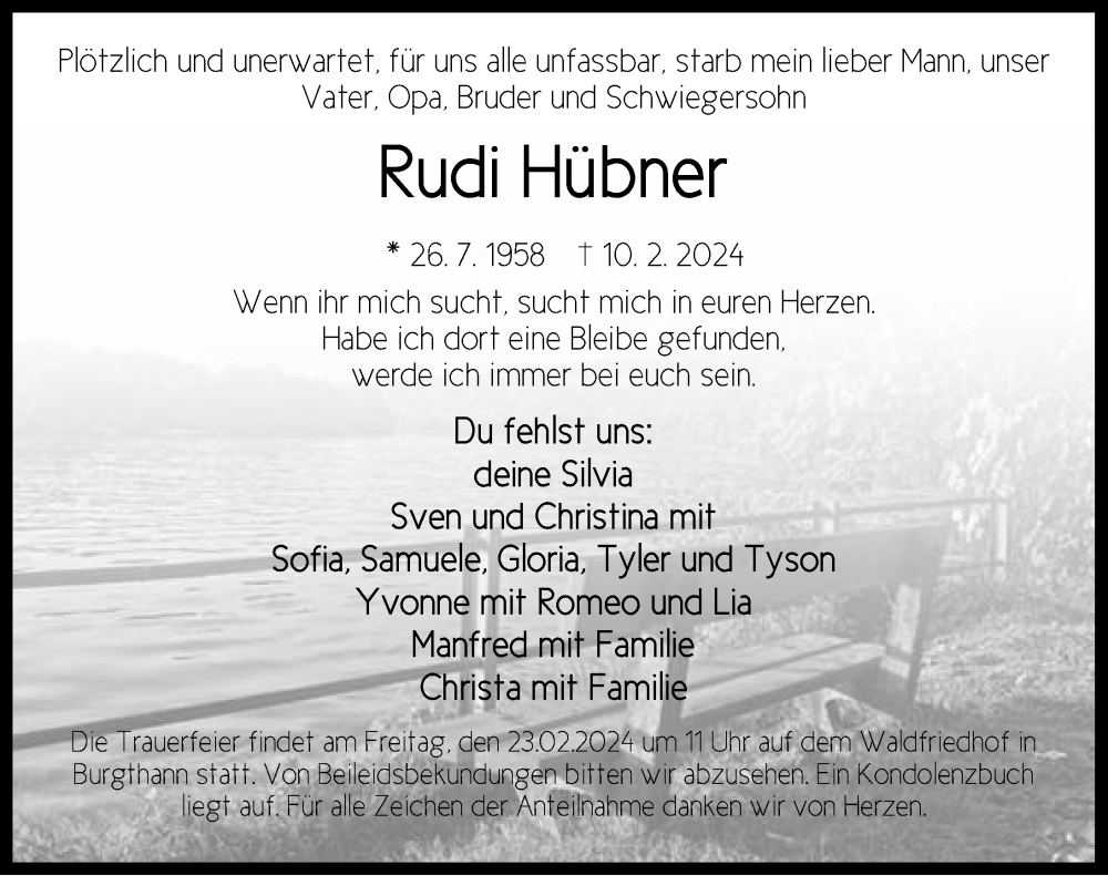  Traueranzeige für Rudi Hübner vom 17.02.2024 aus Der Bote