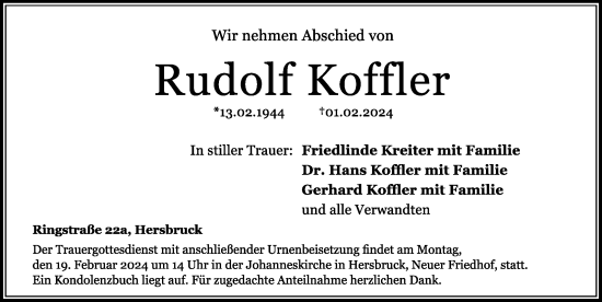 Traueranzeige von Rudolf Koffler von Hersbrucker Zeitung Lokal