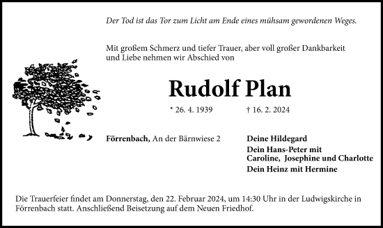 Traueranzeige von Rudolf Plan von Hersbrucker Zeitung Lokal