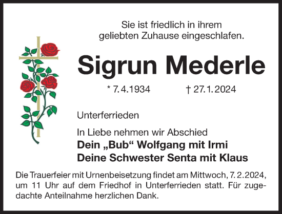 Traueranzeige von Sigrun Mederle von Der Bote