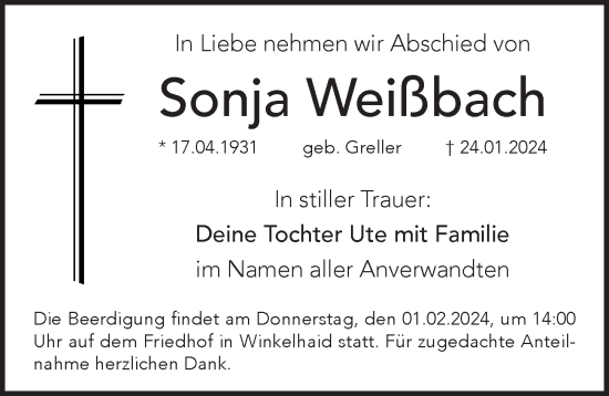 Traueranzeige von Sonja Weißbach von Der Bote