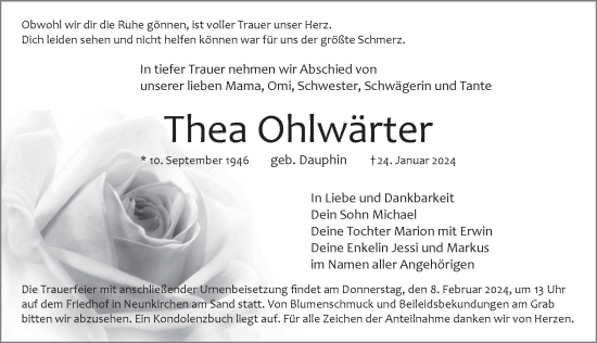 Traueranzeige von Thea Ohlwärter von Pegnitz-Zeitung