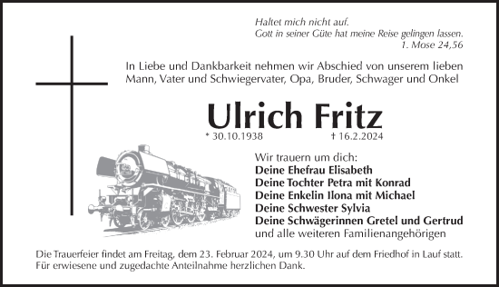 Traueranzeige von Ulrich Fritz von Pegnitz-Zeitung