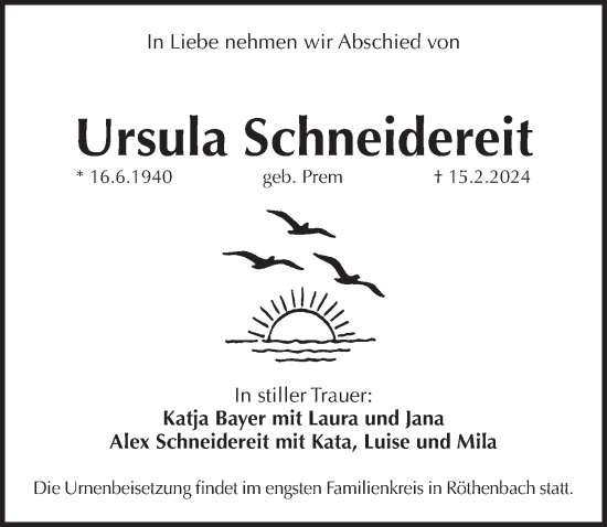 Traueranzeige von Ursula Schneidereit von Pegnitz-Zeitung