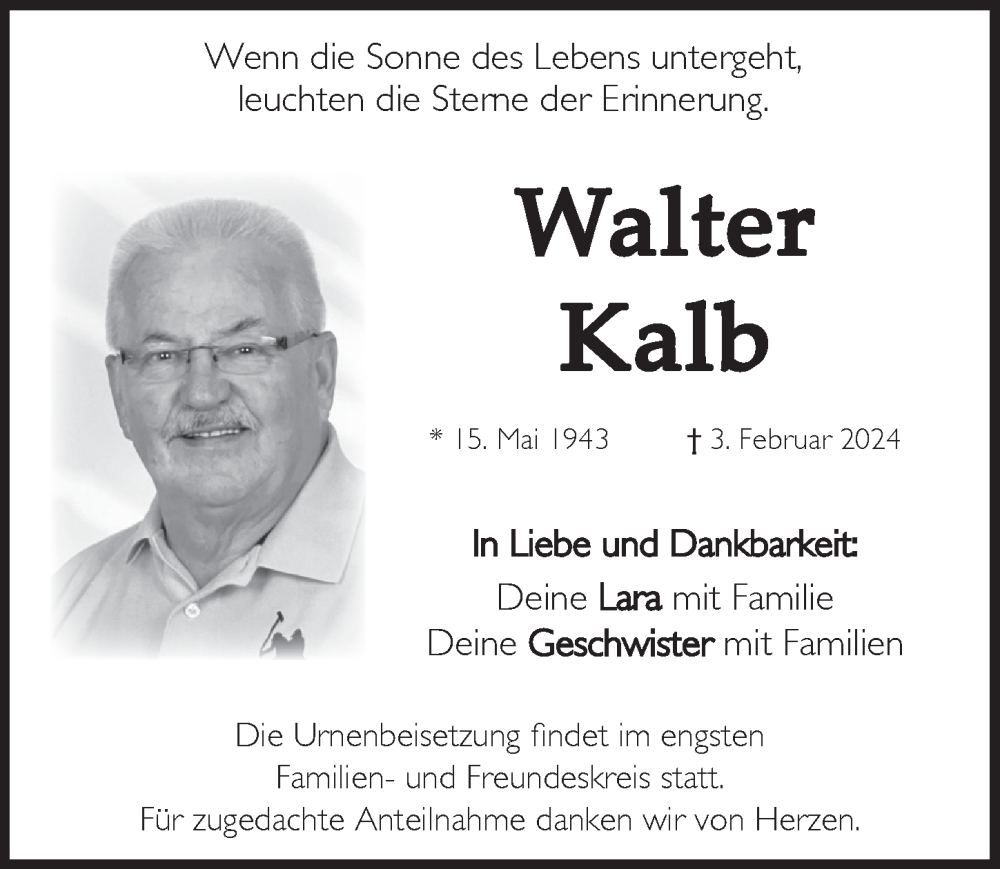  Traueranzeige für Walter Kalb vom 10.02.2024 aus Pegnitz-Zeitung