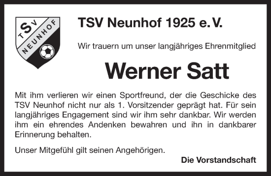 Traueranzeige von Werner Satt von Pegnitz-Zeitung