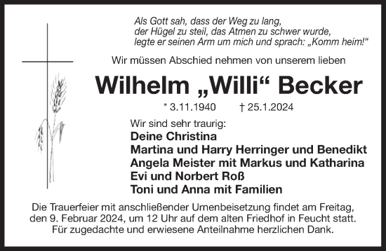 Traueranzeige von Wilhelm Becker von Der Bote