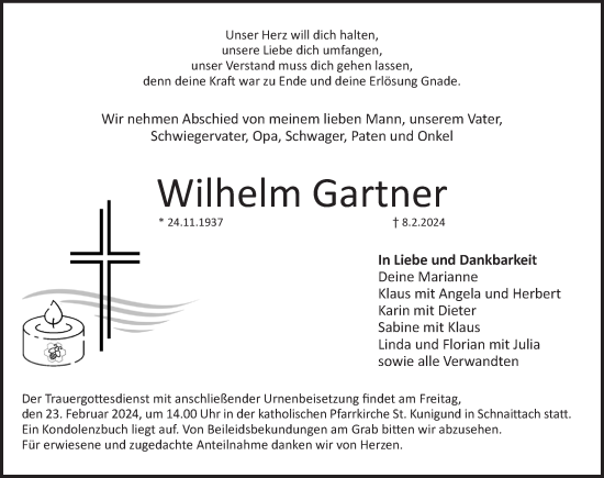 Traueranzeige von Wilhelm Gartner von Pegnitz-Zeitung
