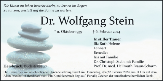 Traueranzeige von Wolfgang Stein von Hersbrucker Zeitung Lokal