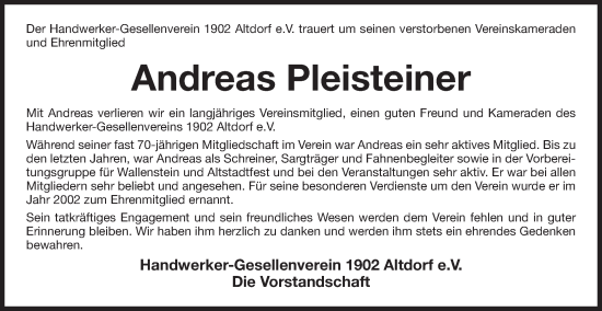 Traueranzeige von Andreas Pleisteiner von Der Bote