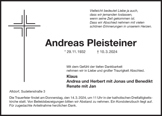 Traueranzeige von Andreas Pleisteiner von Der Bote